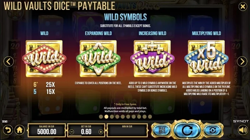 Wild Vaults Dice - declanșarea Free Spins cu trei simboluri Vault